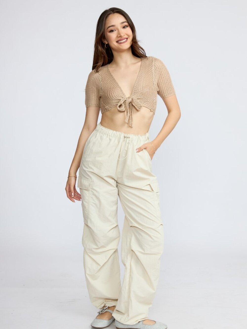 Women's Lightweight Nylon Cargo Pants, Wide Leg Drawstring Utility Pants